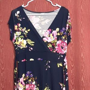 BEACHME FLORAL DRESS WOMEN'S SIZE 8 DARK BLUE BELTED LONG SHORT SLEEVE